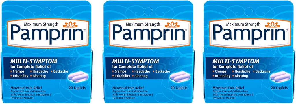 Pamprin Multi-Symptom 공식, Acetaminophen, 생리 기간 증상 완화, 20 캡슐 (포장 3)