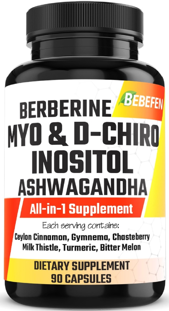 Ashwagandha, Berberine, Cinnamon, Gymnema, Chasteberry, Milk Thistle, Turmeric, Bitter Melon - 90 캡슐을 가진 Myo-Inositol & D-Chiro Inositol 캡슐