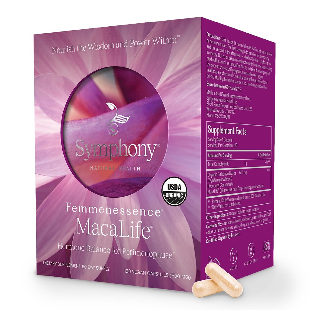 Femmenessence® MacaLife® - 자연 호르몬 균형, 증상 완화, 심장 및 무드 지원, 추가 호르몬없이 (120 캡슐, 60 일 공급)