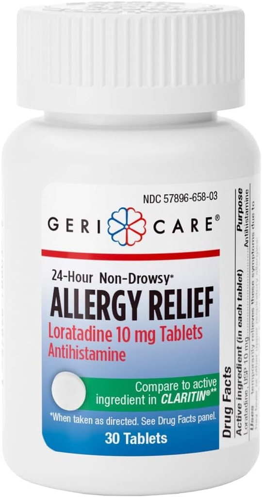 GeriCare Loratadine 10mg Non-Drowsy 24-Hour Allergy Relief, Antihistamine Allergy/Sinus는 Runny Nose, Sneezing, Itchy, 30 카운트, 1 팩에 대한 정제를 지원합니다.