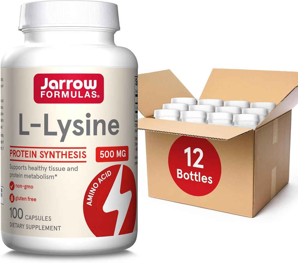 Jarrow Formulas L-Lysine 500 mg - 100 캡슐 - 단백질 대사를위한 필수 아미노산 - 다이어트 보충 - 최대 100 서빙 (12 포장)
