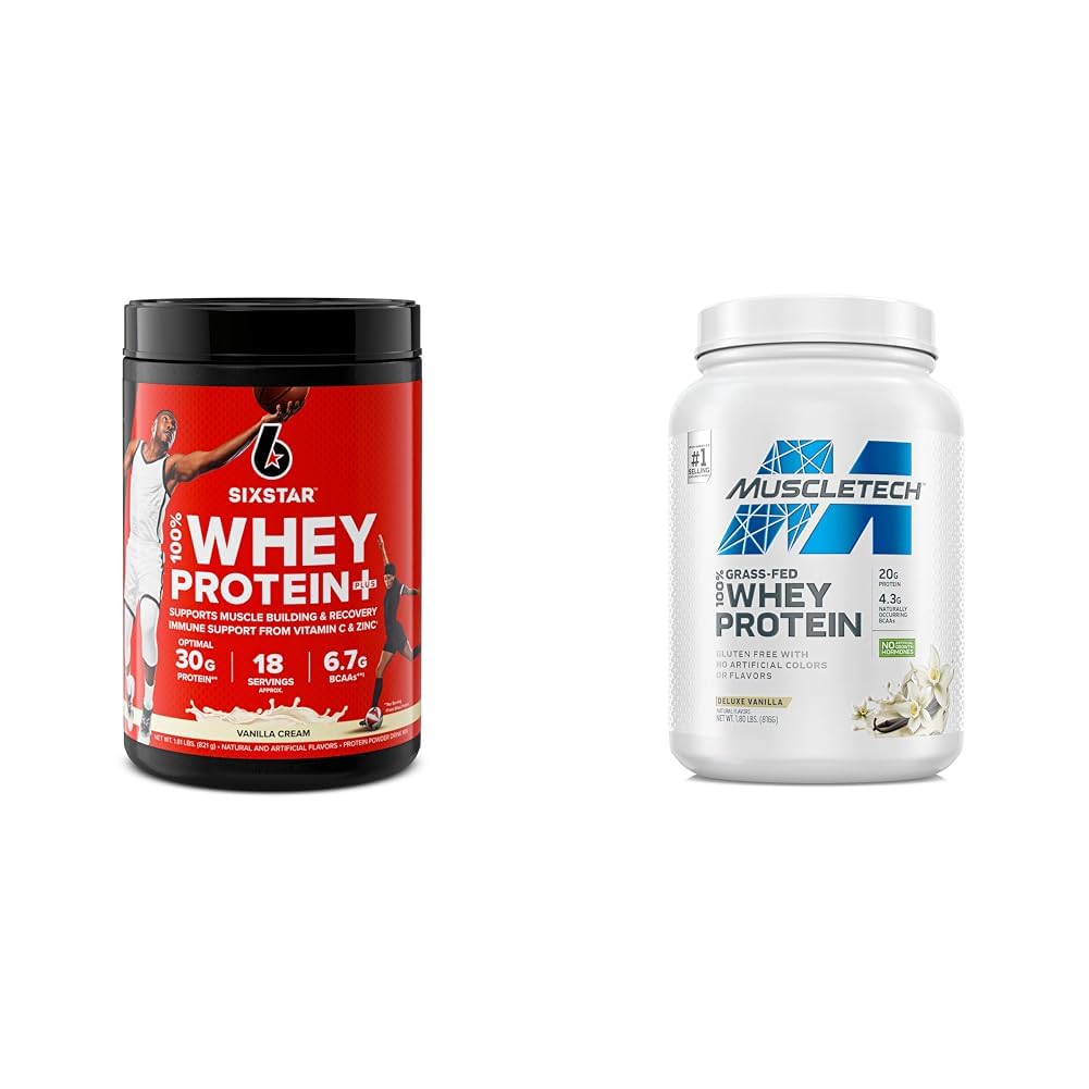 6 스타 엘리트 100 % Whey Protein Plus 바닐라 크림 1.8lbs 및 MuscleTech 잔디 Fed Whey Protein Powder 바닐라 20g Protein 1.8 파운드