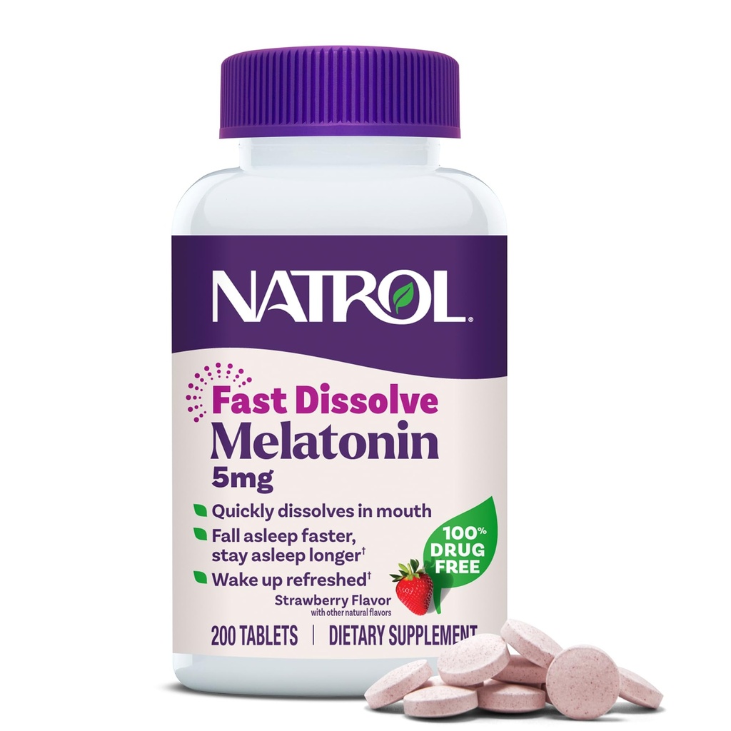 Natrol Melatonin 5mg 빠른 용해 정제, 성인, 딸기 풍미, 200의 정제, 200 까지 일 공급을 위한 잠 지원 보충교재