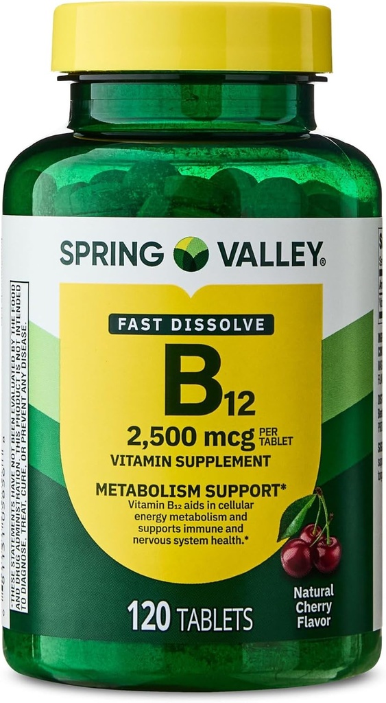 비타민 B12 빠른 용해 정제 다이어트 보충, 2,500 Mcg, 체리, 120 조사 및 휴대용 알약 용기 (2 항목)
