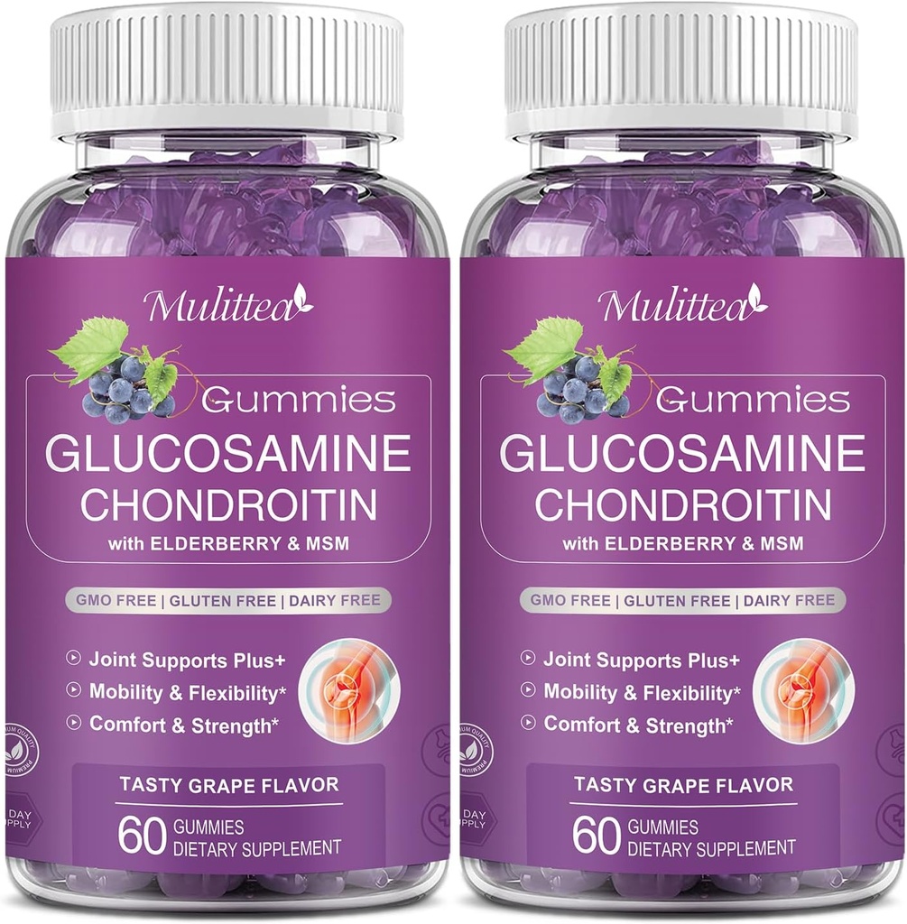 Mulittea Glucosamine Chondroitin Gummies - MSM 및 Elderberry를 가진 여분 힘 합동 지원은 성인, 남자 & 여자 마법사 자유로운 (2 팩)를 위한 산화 방지제 면역성이 있는 지원을 위해 보충합니다