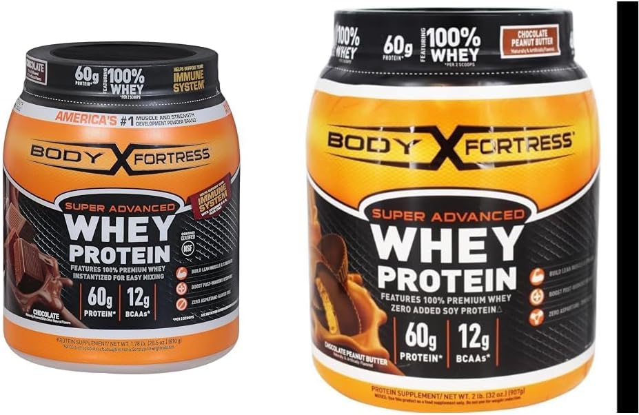 바디 요새 100 % Whey, 프리미엄 단백질 분말, 초콜릿, 1.78lbs (포장 월병) & 100 % Whey, 프리미엄 단백질 분말, 초콜릿 땅콩 버터, 1.78lbs (포장 월병)