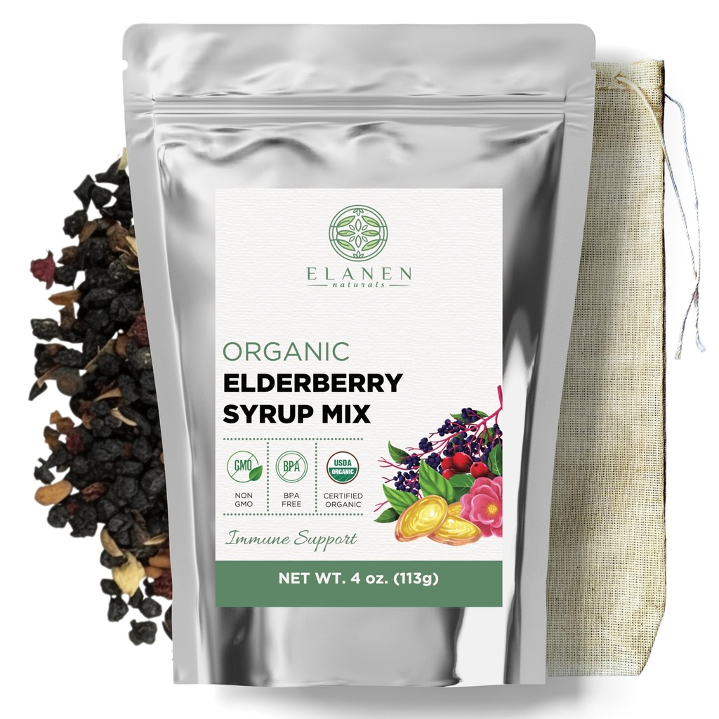 Elanen Naturals Organic Elderberry Syrup Kit는 최대 24 oz로 만들어졌으며 천연 코튼 양조 가방, USDA 인증 유기농 건조 엘더베리 및 면역 지원 허브, 대량 키트, 4 oz를 포함합니다. (113g)