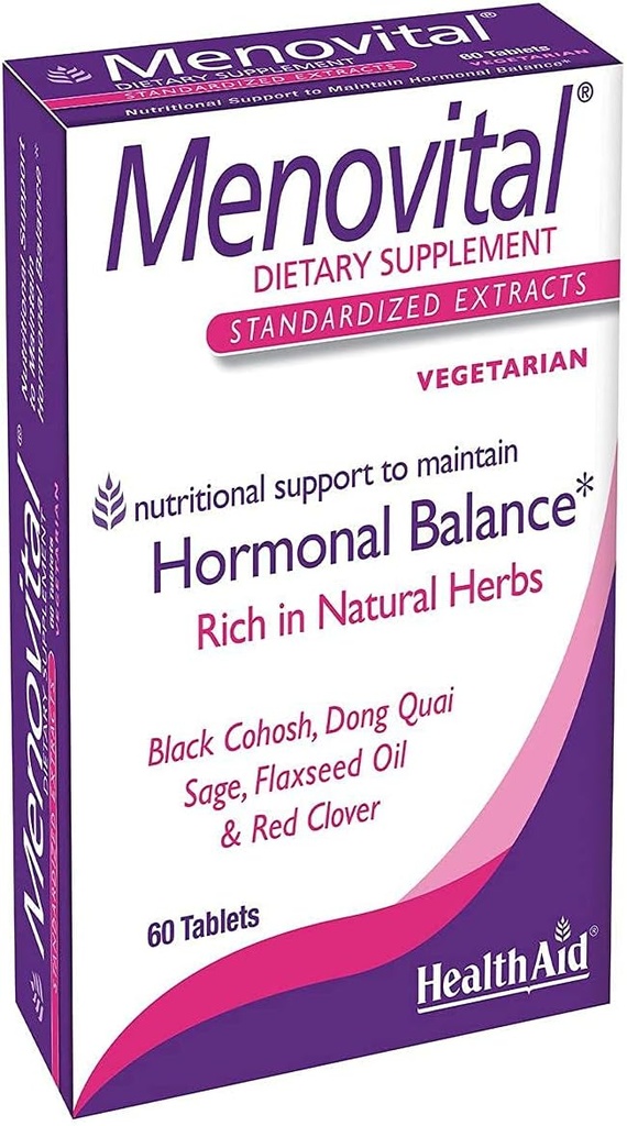 HealthAid Menovital – Hormonal Balance 지원을위한 Twice-Daily 초본 보충 | 60 채식 정제 | 비 GMO 및 글루텐 프리