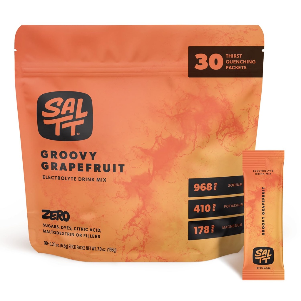 SALTT 전해질 분말 맛 음료 혼합 - Groovy Grapefruit - 30 Hydration Packets - 마그네슘, 칼륨, 나트륨, 추적 미네랄 - Zero Sugar & 글루텐 무료 - 여행 필수