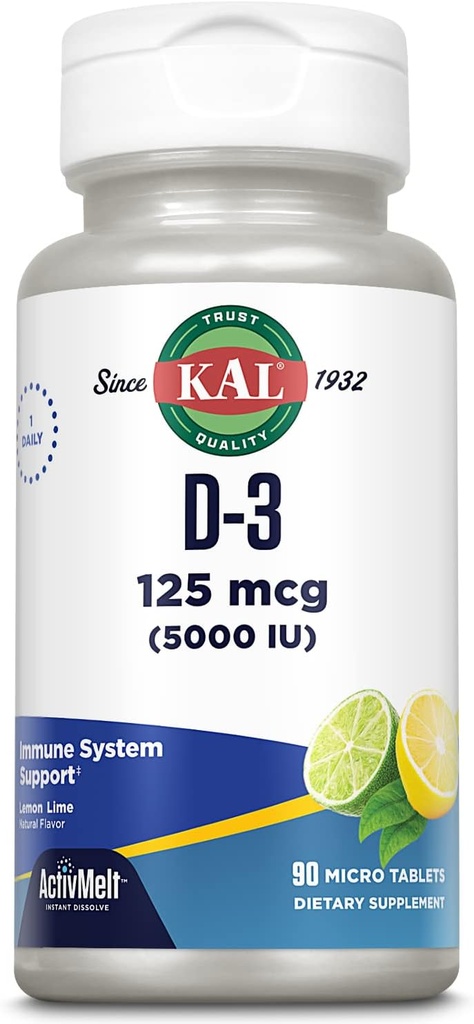 KAL 비타민 D-3 5000 IU ActivMelt, 즉시 용해, 자연적인 레몬 향료, 건강한 면역 기능 & 뼈 지원, 90의 서빙, 90의 마이크로 정제