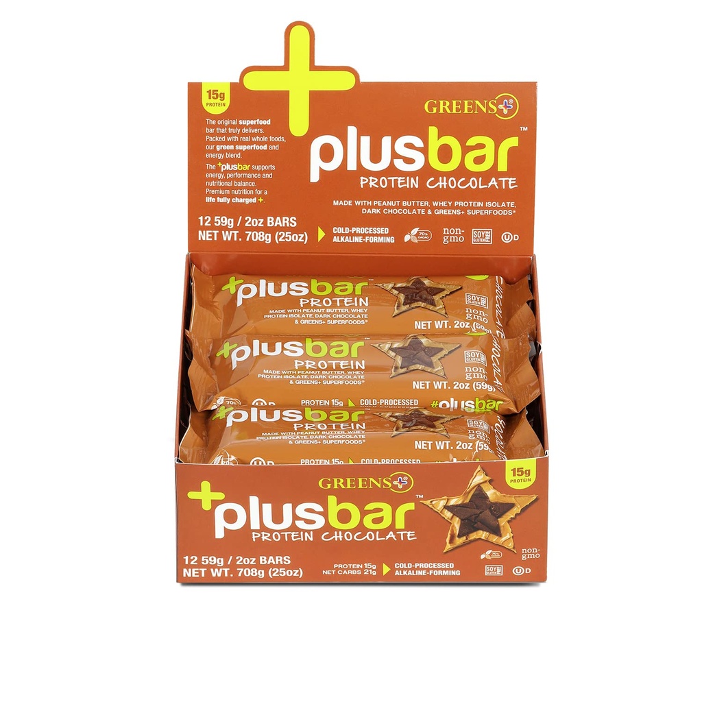 Greens+ Plusbar Protein, Dark Chocolate, 15g Whey Protein Isolate, 유기 슈퍼 그린 및 슈퍼 푸드, 채건, Dairy-Free, Non-GMO, 식사 교체, 12 팩