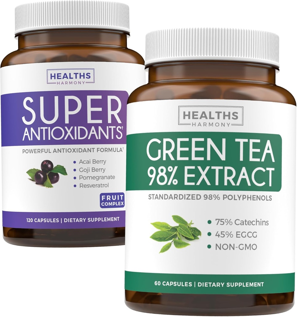 산화 방지제 & 녹차 추출물 (1 달 공급) 산화 방지제 녹색 융합 - 최고 산화 방지제 - EGCG Polyphenol Catechins (60의 모자)를 가진 강력한 최고 음식 매일 혼합 (120의 모자) & 녹차 추출물