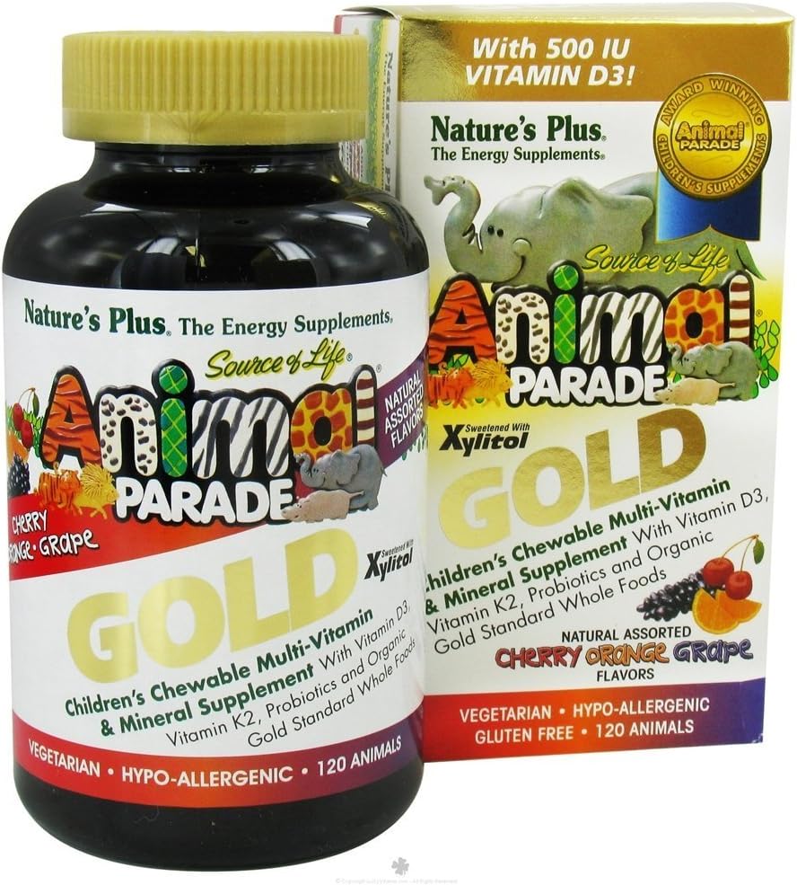NaturesPlus Animal Parade Gold Children's Multivitamin - 구색 된 체리, 오렌지 및 포도 맛 - 120 동물 모양 킬레이트 정제, 2 팩 - Vegan, 글루텐 무료 - 120 총 서빙