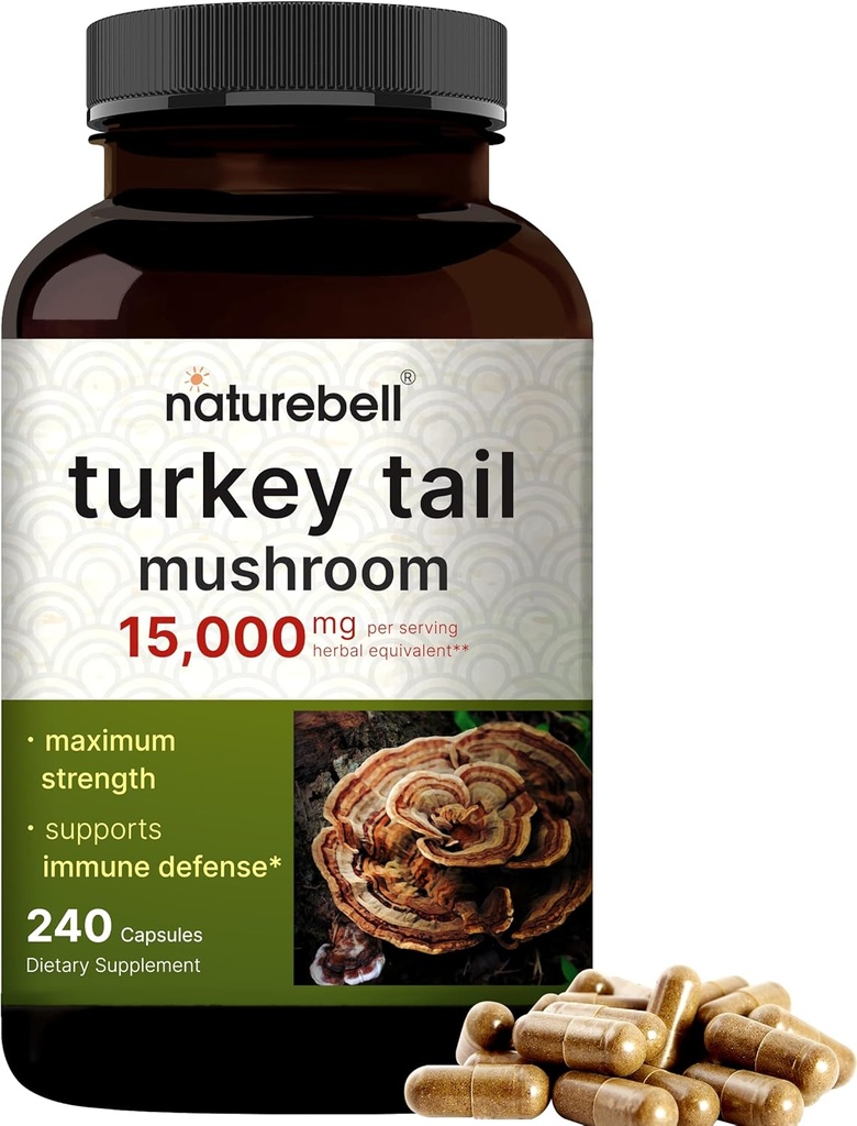 NatureBell 터키 꼬리 버섯 캡슐 서빙 당 15,000mg, 240 조사 | 25:1 과일 몸 & Mycelium 추출물 – 면역 & 뇌 건강 버섯 보충교재