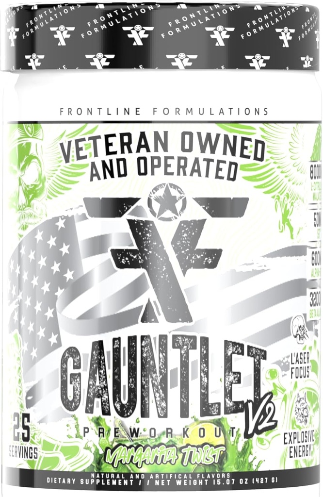 Gauntlet Pre-Workout Powder, 폭발 운동, 레이저 초점, 중간 자극, 놀라운 맛, 베테랑 소유 및 운영 (25 서빙, 마가리타 트위스트)