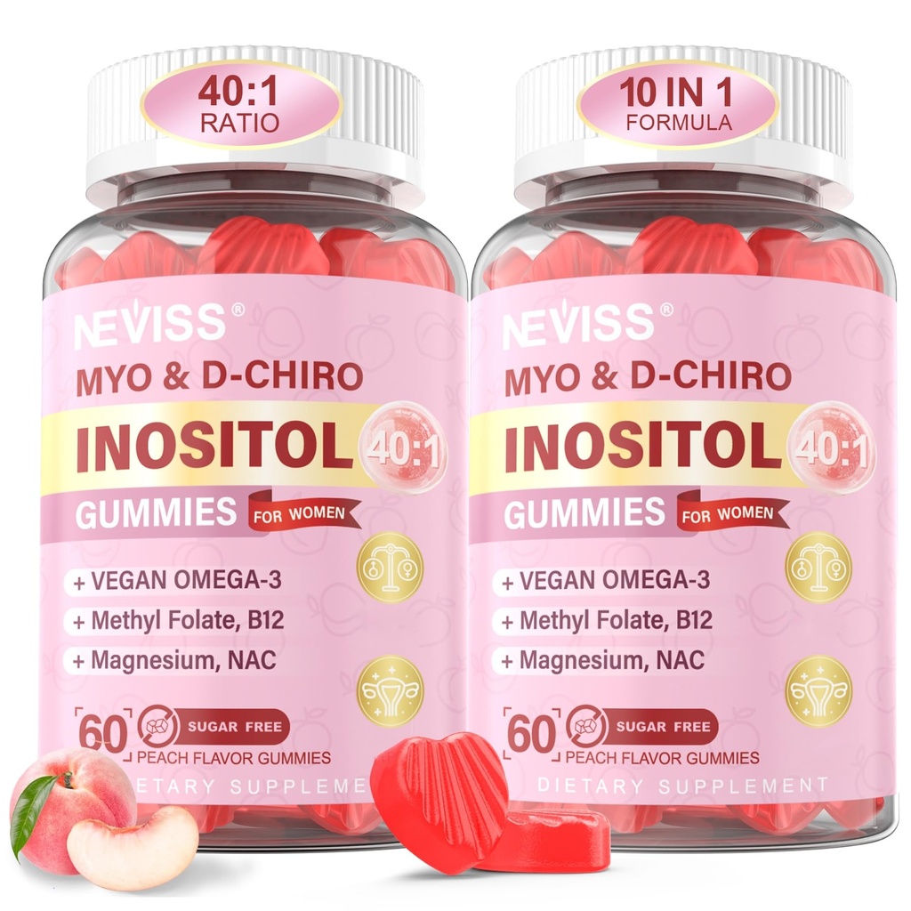 Myo-Inositol & D-Chiro Inositol 여자 2000mg + 50mg, Vegan Omega-3 + D3, 마그네슘 글리세라이드, 여성 건강 및 웰빙을위한 메틸 Folate + B12, 설탕 무료, 120 Cts