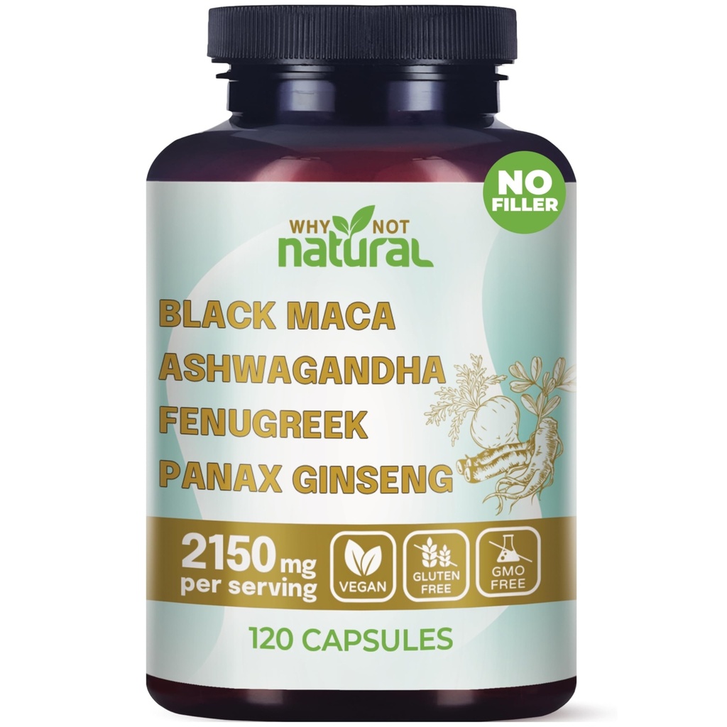 왜 자연 4-in-1 유기 블랙 마카 뿌리, Ashwagandha, Fenugreek, Panax Ginseng 캡슐, 남성과 여성을위한 보충