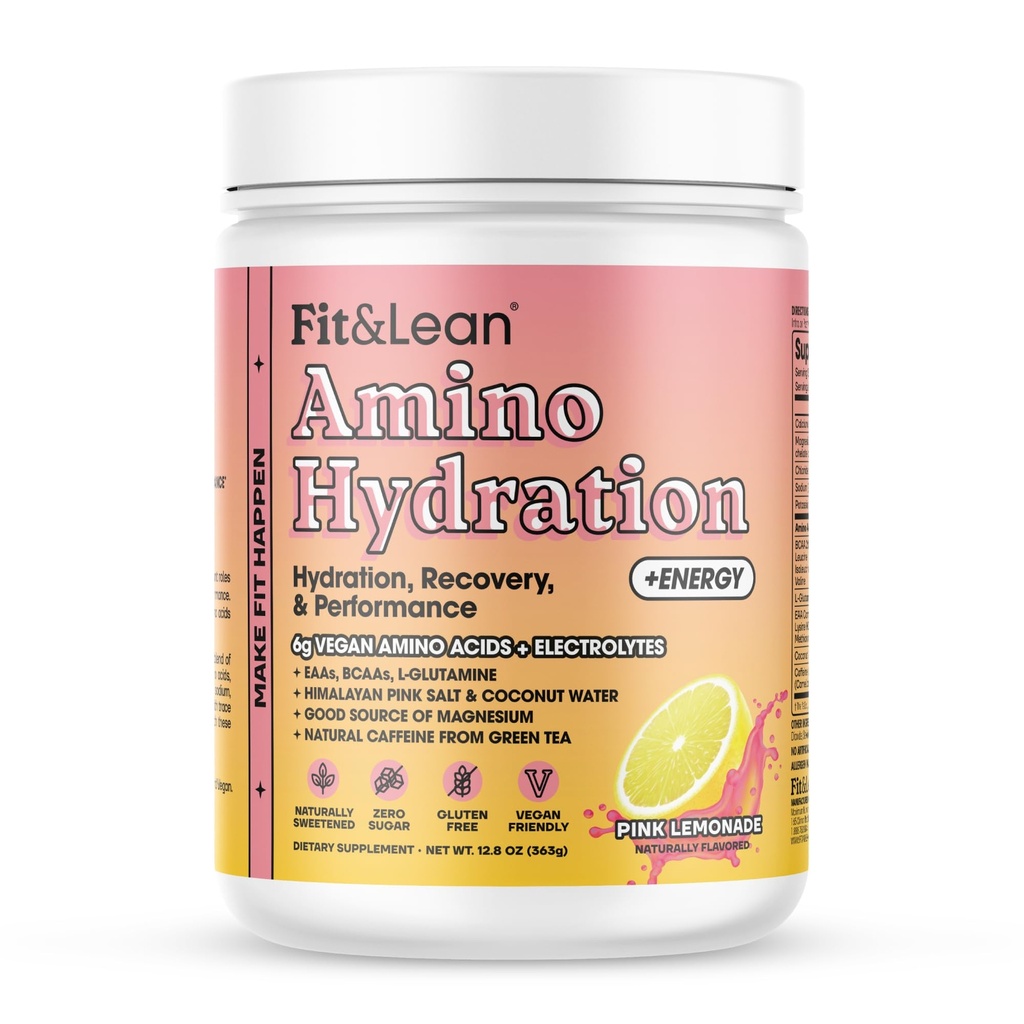 적합 & Lean Amino Hydration 더하기 에너지, 전 운동 분말, 6g Vegan Essemtial 아미노산, EAA, BCAA, 글루타민, 전해질 & 자연적인 카페인, 분홍색 레몬, 30 Serve