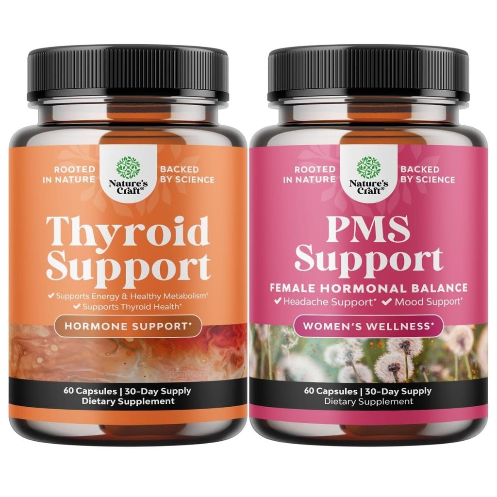 초본 Thyroid Support Complex 및 Herbal PMS Support Supplement for Women - 갑상선 건강을위한 무드 강화 에너지 보충 - 여성을위한 PMS 비타민과 Feminine Balance Complex