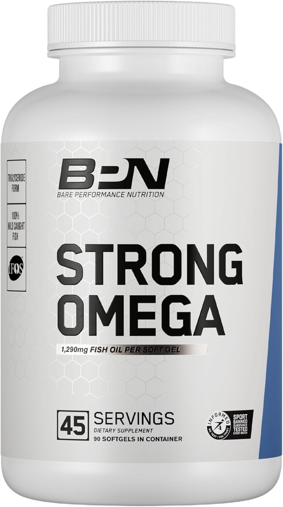 BARE PERFORMANCE NUTRITION, BPN 강한 오메가 물고기 기름 연약한 젤, 캡슐 당 1290mg 물고기 기름, 야생 잡힌 물고기, 지속적으로, 증명되는 IFOS