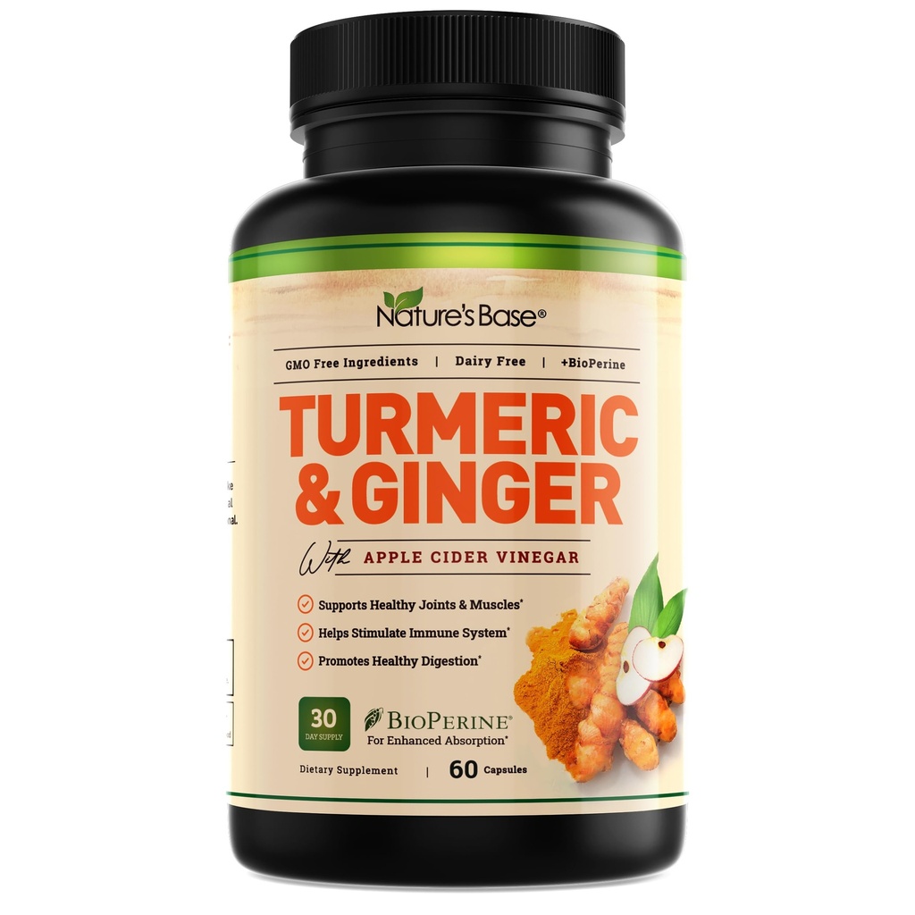 Nature 's Base Turmeric and Ginger Supplement - Curcumin, Apple Cider Vinegar & BioPerine Black Pepper Extract - 95 % Curcuminoids - 60 캡슐