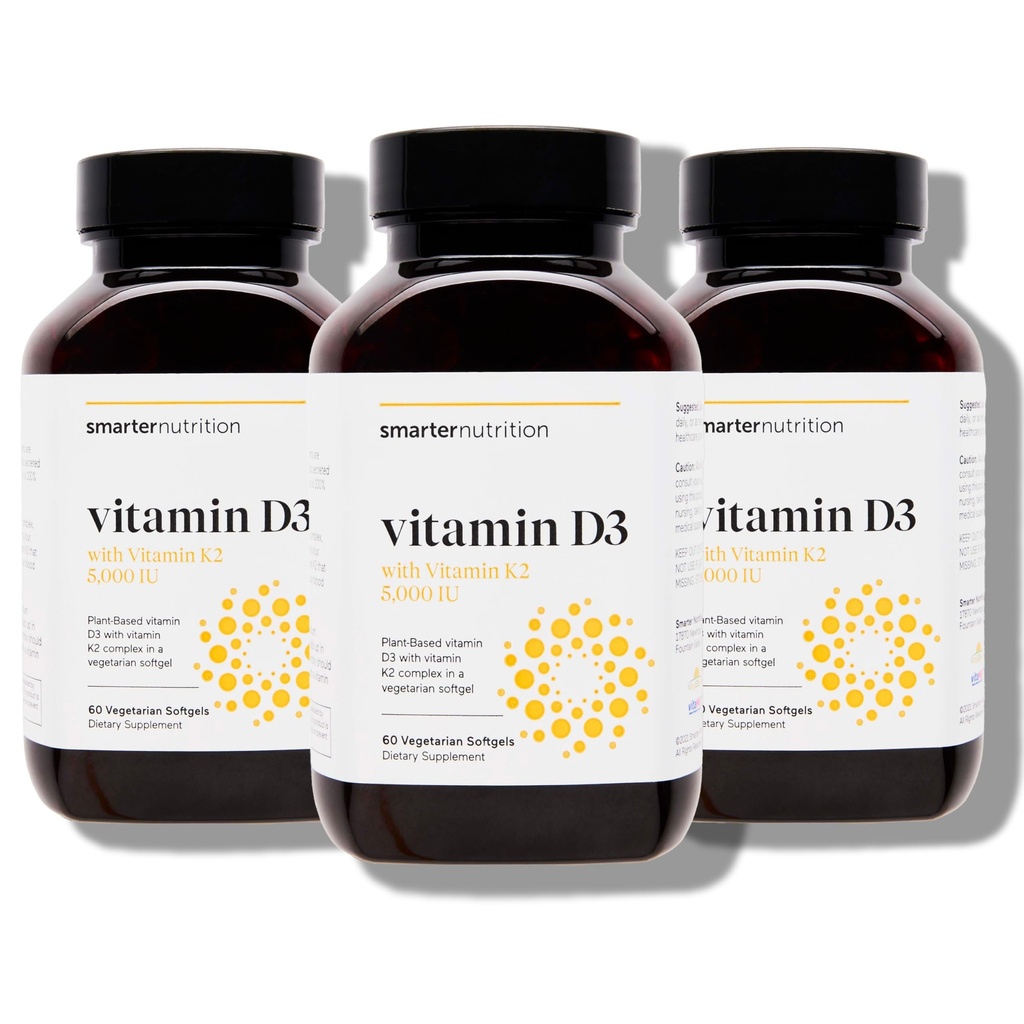SMARTERNUTRITION Vegan 비타민 D3 5000 IU + 유기 코코넛 & 올리브 오일의 천연 비타민 K2 1100 mcg - 면역 및 뼈 지원을위한 D3 K2 보충 - 180 Softgels [90 일 공급]