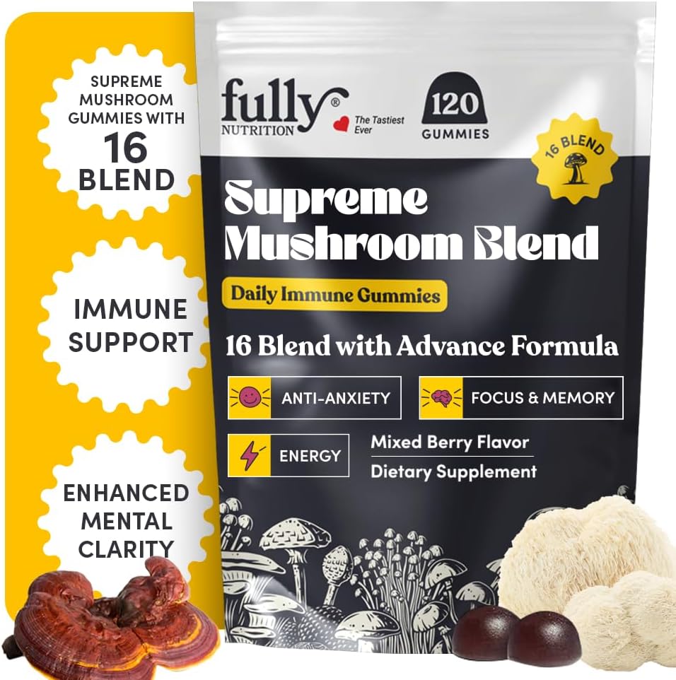 16 혼합 버섯 Gummies - 성인을위한 버섯 Gummies, Chaga, Lions Mane, Reishi, Focus & Clarity 용 Cordyceps, Microdosing 버섯 지원 - 혼합 Berry