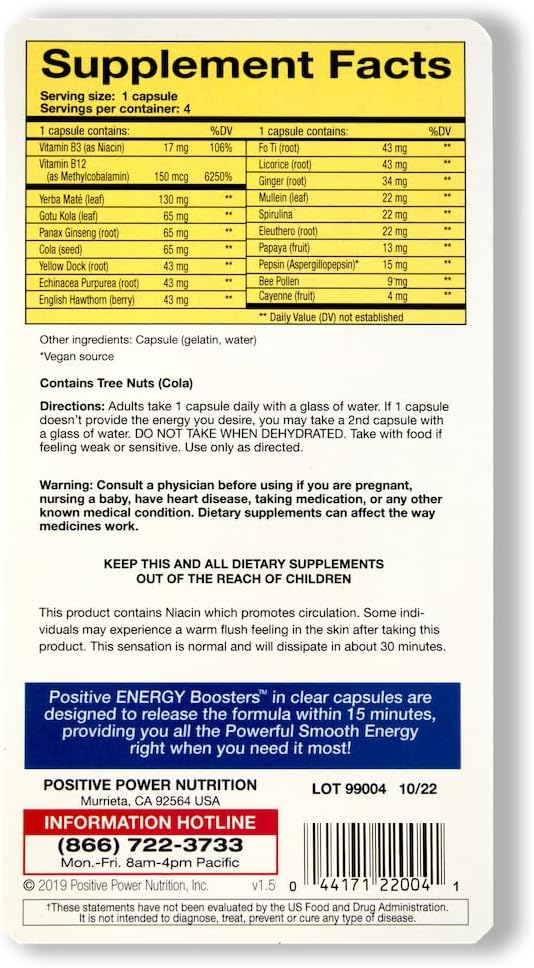 VitaBoost Positive Power Energy Booster – 허브, B-12, Bee Pollen, Jitter-Free Smooth Energy, Quick & Safe, Caffeine, Ephedra 또는 Guarana (4)와 자연 에너지 보충