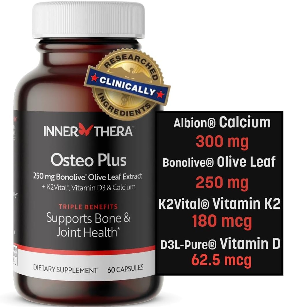 Osteo Plus 4-in-1 종합 보충 - 비타민 D3, K2 및 Bonolive 칼슘 - 건강한 노화 지원 - 글루텐 - 무료, 비 GMO, Vegan (60 조사)