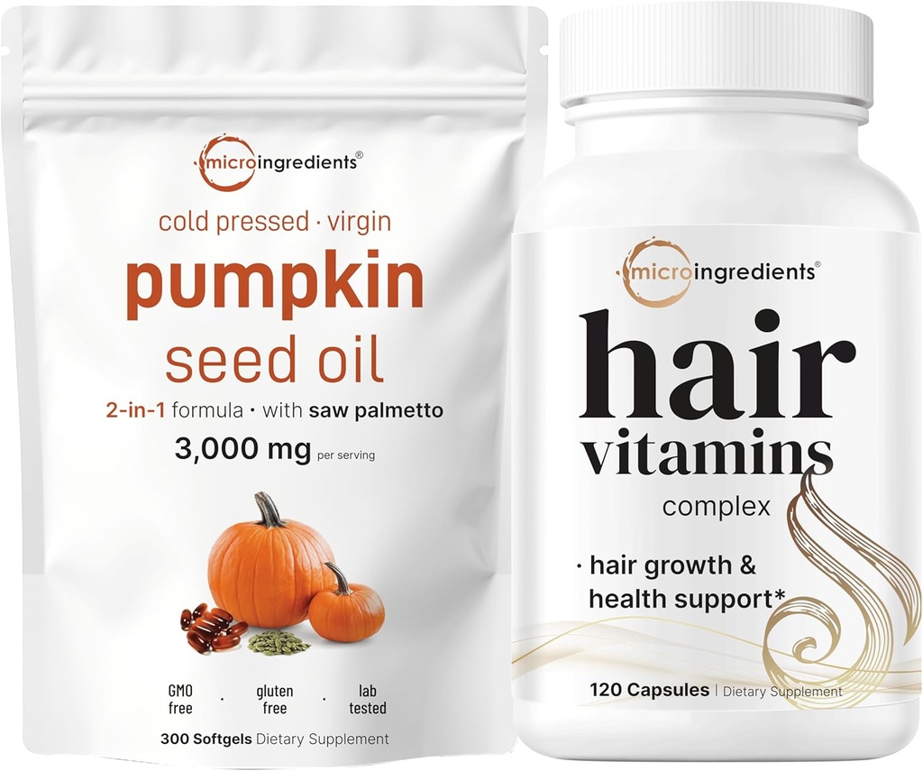 마이크로 성분 호박씨 기름은 톱 Palmetto 3,000mg Softgels & 머리 비타민 복합 캡슐을 보았습니다 | 2 팩 뭉치 | 찬 압박되는 처녀 기름 | 교원질 & Biotin를 가진 14에서 1 머리 성장 지원