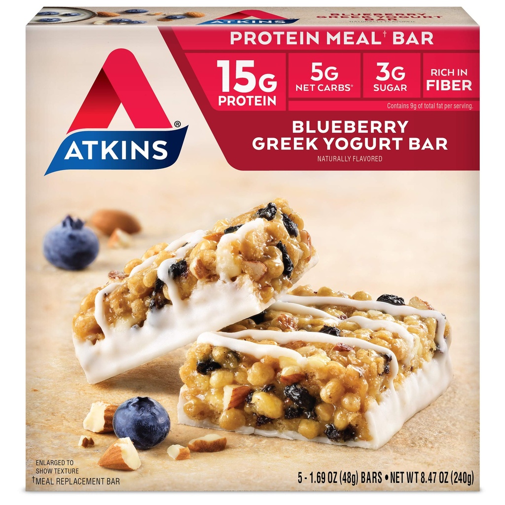 Atkins 블루 베리 그리스 요구르트 단백질 식사 바, 높은 섬유, 15g 단백질, 3g 설탕, 5g 그물 캐비넷, 식사 교체, Keto 친절, 5 조사