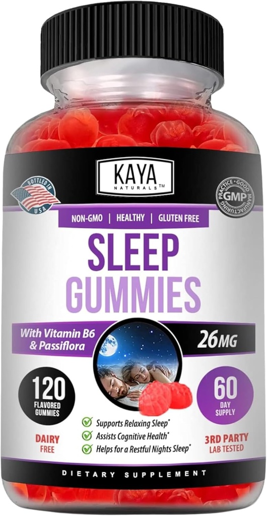 Kaya Naturals Sleep Gummies (26mg) - 성인을위한 건강 보충 및 수면 보조 - 비타민 B6 및 Melatonin Gummies - 여성과 남성을위한 거미 비타민 - 120 조사