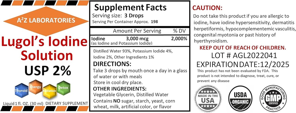 2 x 1 OZ 팩 A2Z 유기 Lugol의 Iodine와 칼륨 Iodide 2% 해결책 3000 mcg - 여성 & 남자를 위한 Thyroid 지원을 위한 액체 보충교재 하락, 대사 건강, Detox Boost - 2 x 1 Fl Oz/USA