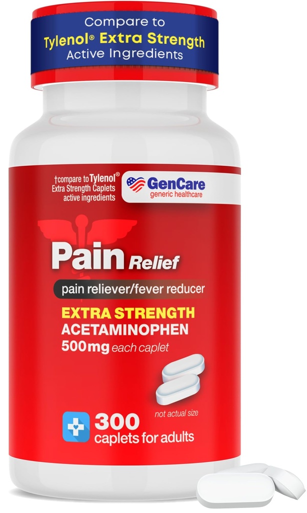 GenCare - Acetaminophen 500mg 여분 힘 고통 구호 (300의 모자) - 두통, Sinus, 관절염, 뒤 고통 근육 Ache, 두통 흡진기, Migraine를 위한 다 증상 고통 의지