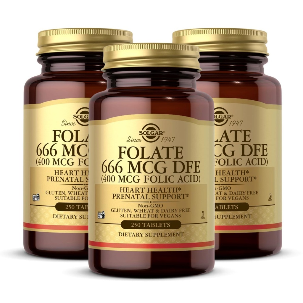 Solgar Folate 666 mcg DFE (Folic Acid 400 mcg) - 250 정제, 3 팩 - Prenatal Support - Non-GMO, Vegan, Gluten Free, Dairy Free, Kosher - 750 총 서빙