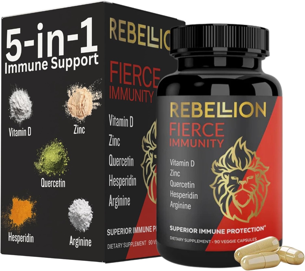 5-in-1 Fierce Immunity 보충교재, 성인, 비타민 C, Quercetin, 비타민 D, 아연, L 아르기닌, Hesperidin, Immunity 지원, 90의 캡슐 (1 달 공급)를 위한 면역 지원 보충교재 및 승압기