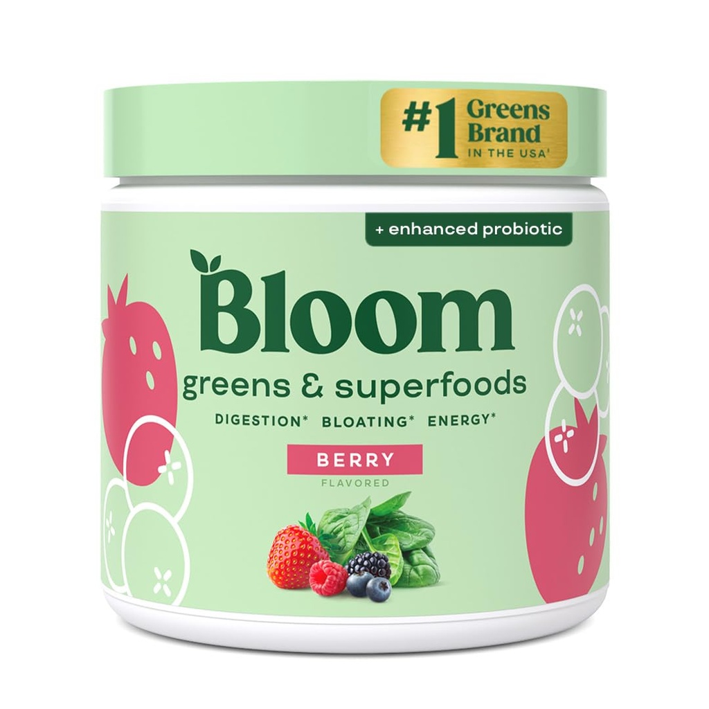 Bloom Nutrition Superfood Greens Powder, Probiotics 및 Prebiotics, Gut Health, 여성, Chlorella, Beet Root Powder, 30 SVG, Berry와 녹색 주스 혼합을위한 부유 한 효소