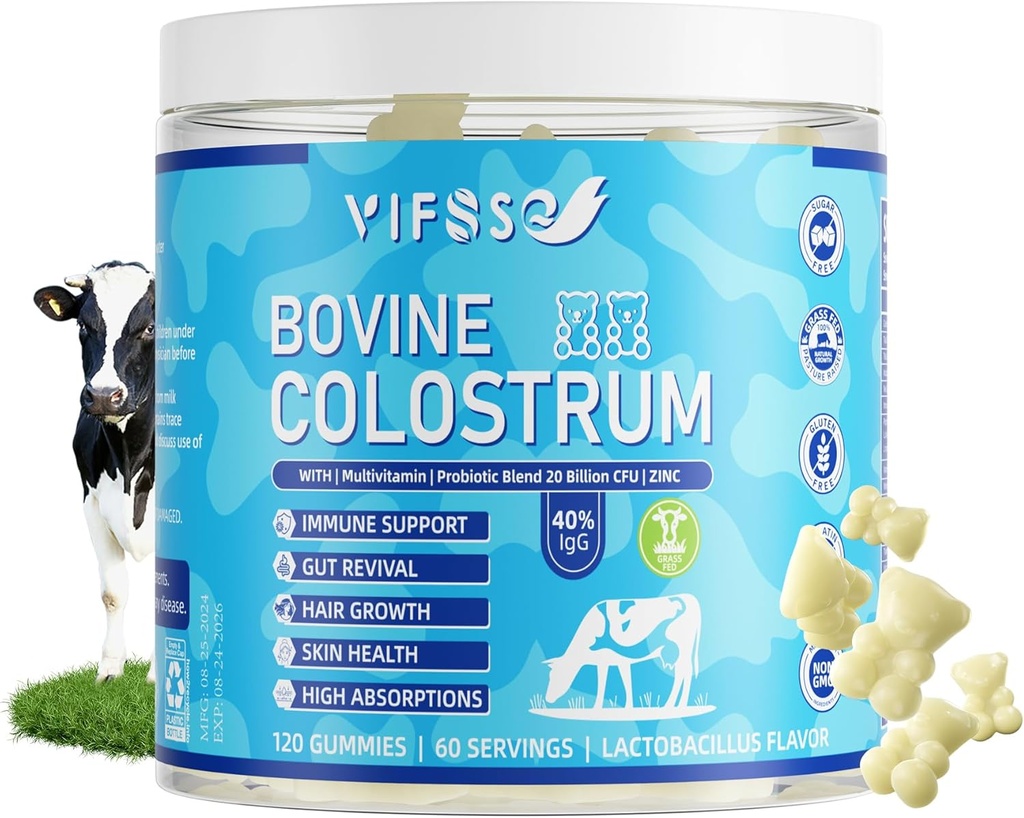 잔디 Fed Colostrum 보충교재 2000mg의 120의 Gummies 설탕 자유로운 40% IgG Bovine Colostrum Gummies + Probiotic, Multivitamin etc. Immune 지원, Gut 지원, 머리 & 피부
