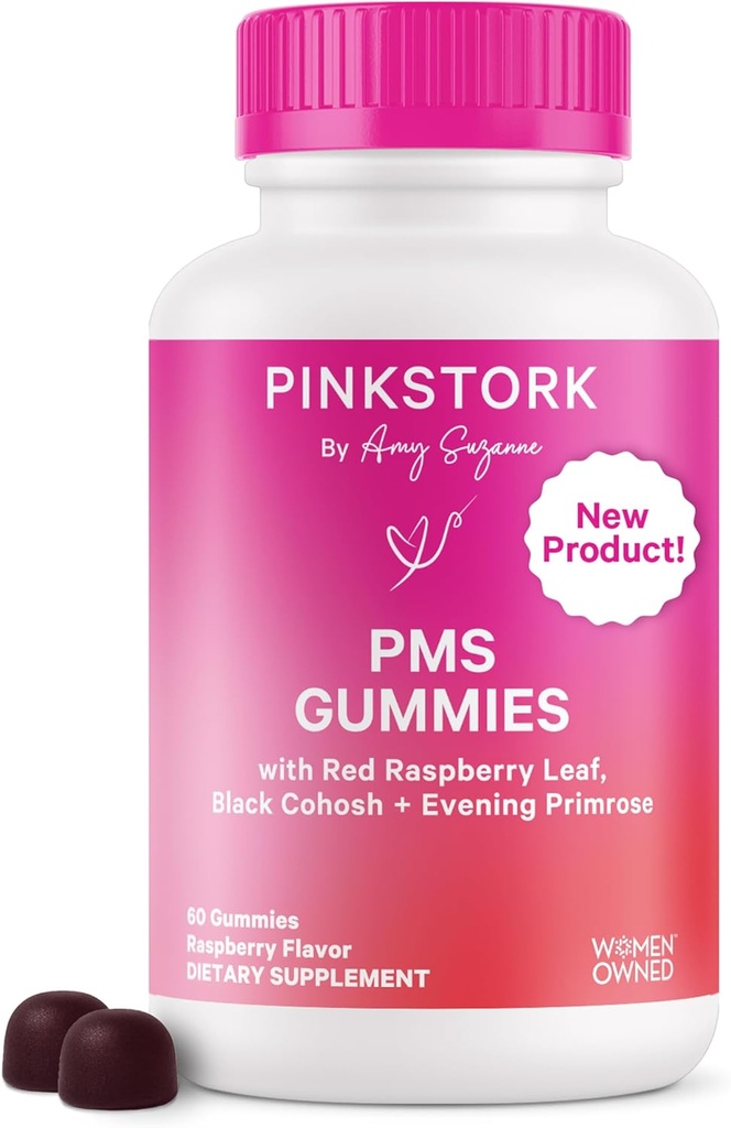여성을위한 핑크 Stork PMS 지원 Gummies - 레드 라즈베리 리프, 블랙 코호시, 저녁 Primrose 오일 - Bloating, Cravings, Skin, Mood - Hormonal Cycle Support - 60 Berry Gummies - Vegan, Plant-Based
