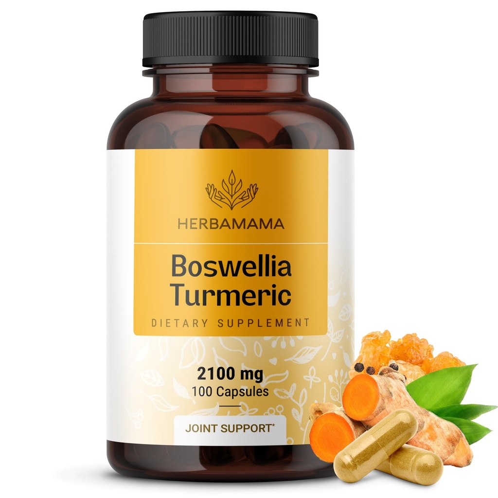 HERBAMAMA 심황과 Boswellia 추출물 캡슐 - 2100mg Boswellia Serrata & 검은 후추 추출물과 심황 복합체 - Vegan, Non-GMO, 95 % Curcuminoids 산화 방지제 보충교재, 100 모자