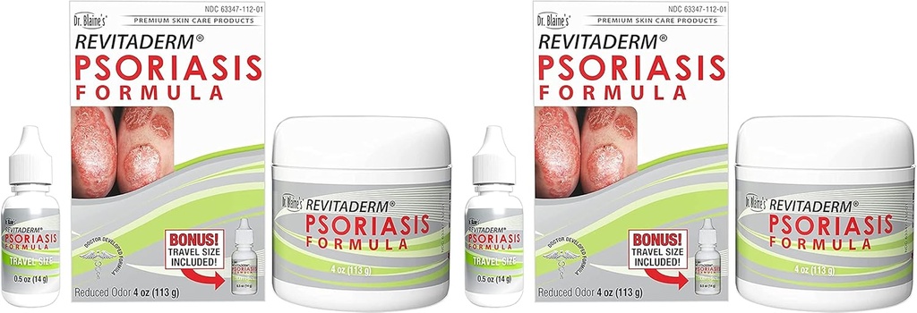 Dr. Blaine의 REVITADERM Psoriasis 공식 - Coal Tar, Tea Tree Oil 및 Lavender Oil for Itching, Flaking, Dry, Cracked Skin Relief - 4 fl. oz. - 여행 크기 병 (2 팩) 포함