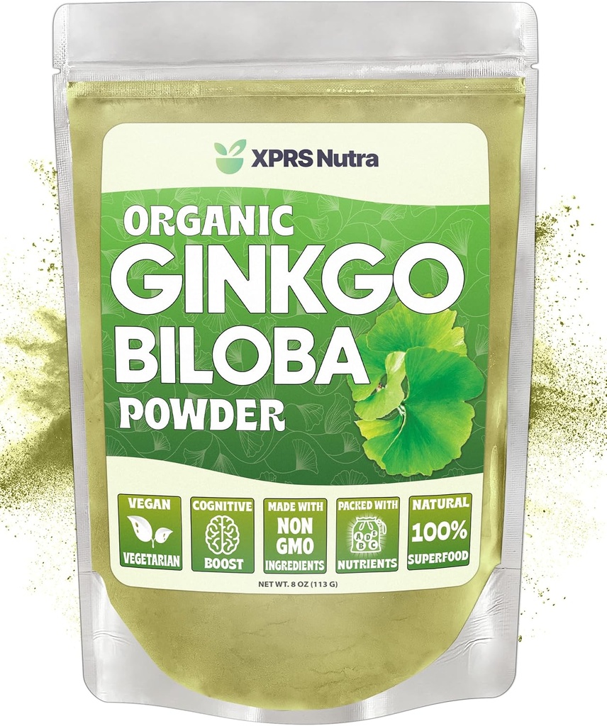 XPRS Nutra 유기 은행나무 Biloba 분말 - Gingko Biloba Cognition에 대 한 보충제 - Vegan Friendly Ginkoba Biloba 유기 - 면역 부스트 Ginkgo Biloba 분말 (8 oz)
