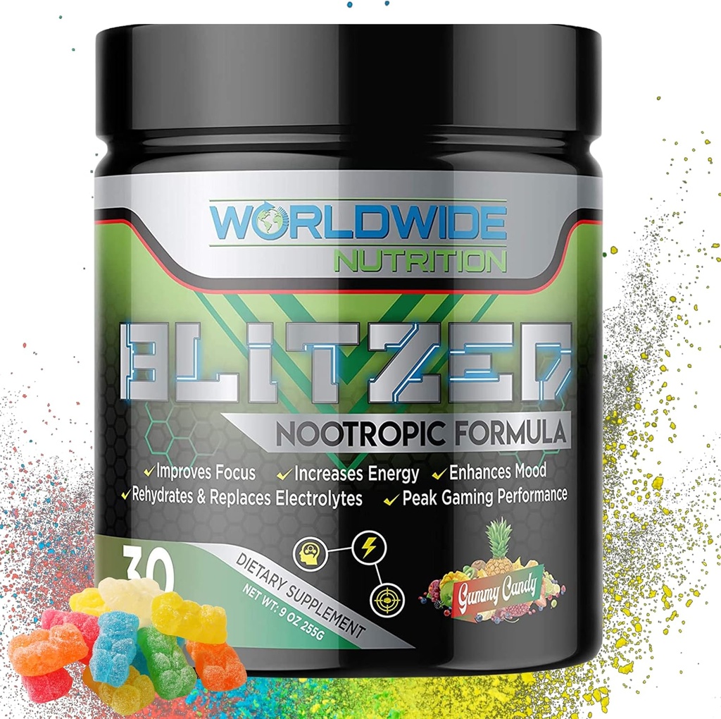Worldwide Nutrition Blitzed Nootropic Formula - 모든 천연 에너지 음료 혼합 분말 - 기억 및 초점을위한 두뇌 보조제 - 향상된 초점과 에너지 보충 - 거짓 사탕 맛 - 30 서빙