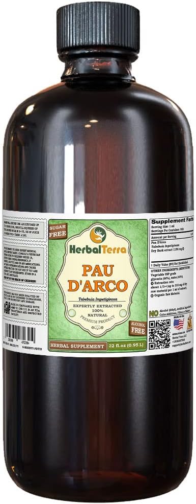PAU d'arco (Tabebuia Impetiginosa) Glycerite, 말린 Bark 알콜 자유로운 액체 추출물 (브랜드 이름: HerbalTerra, 미국에서 Proudly 만든) 32 fl.oz (0.95 l)