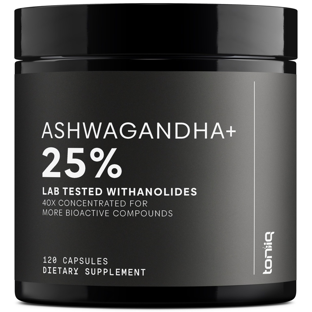 Toniiq Ashwagandha - 40 : 1 농축 추출물 - 25 % Withanolides - 인도에서 야생 수확 - 검은 후추와 함께 높은 생물 가능 - 세 번째 부품 테스트 - 120 캡슐 - 1300mg