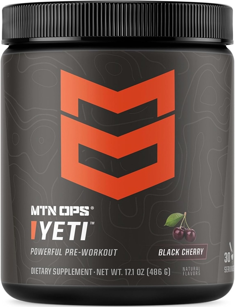MTN OPS Yeti Pre-Workout 분말 Creatine, 200mg Caffeine & Beta Alanine, 30-Serving Tub, 블랙 체리와 함께 에너지 음료