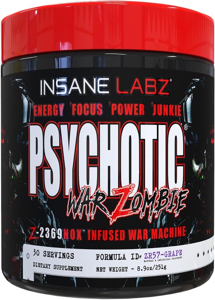Insane Labz Psychotic War Zombie High Stimulant Pre Workout Powder, Extreme Lasting Energy, Beta Alanine, L-Arginine, 30 서빙 (Grape)와 초점 및 펌프