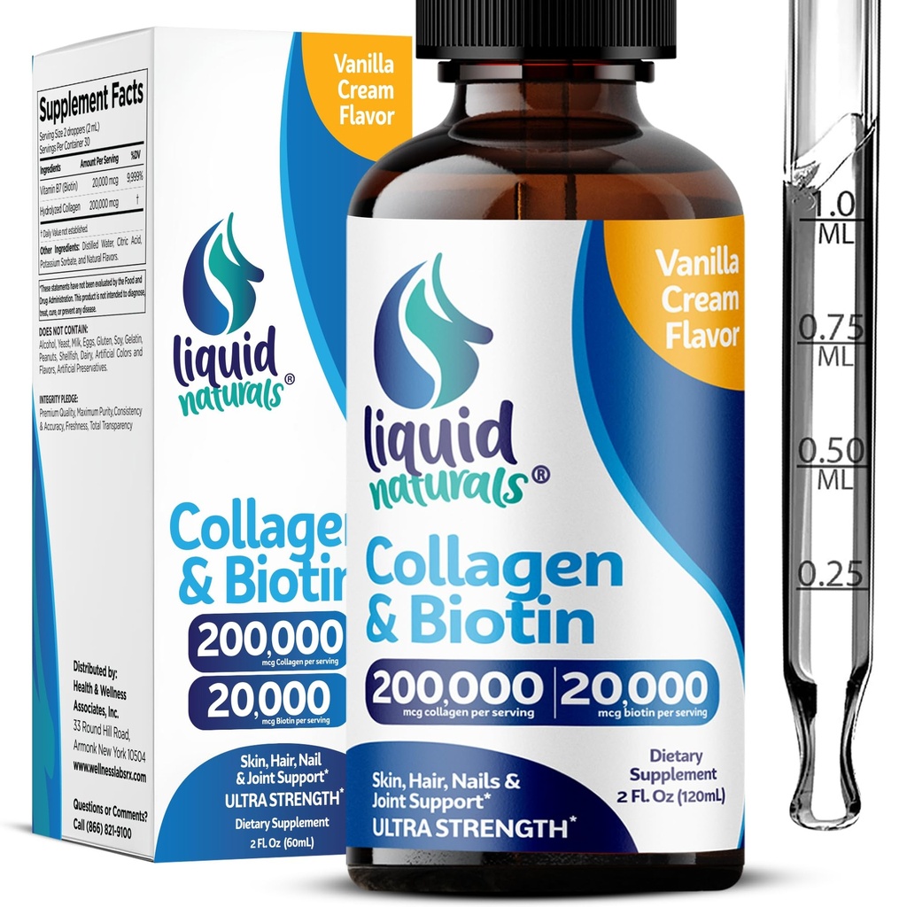 액체 콜라겐과 Biotin, 2 Fl. Oz, 여성용 울트라 스테인 콜라겐 보충제, 모발 성장 여성, 손톱, 피부 비타민 B7 콜라겐 펩타이드 - 바닐라 맛
