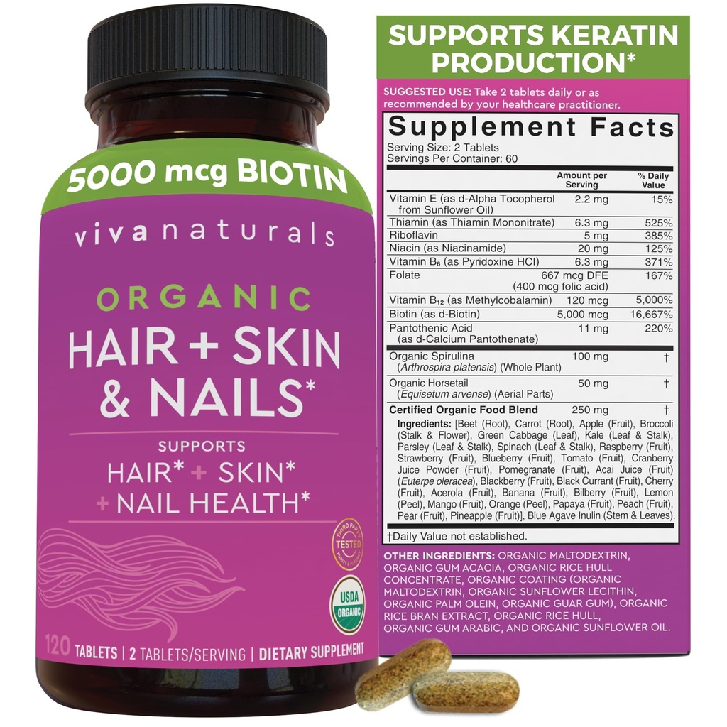 Biotin 5000 mcg 머리 피부는 여자를 위한 비타민을 못합니다 – 비타민 E, B 비타민, Spirulina, 말 꼬리 및 Superfood 혼합을 가진 유기와 채식주의자 친절한 보충교재 – 120 조사