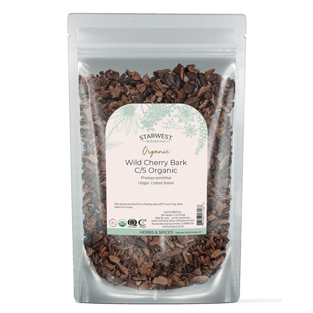 Starwest Botanicals Wild Cherry Bark Organic - 차, 시럽 및 자연 초본 혼합, Prunus Serotina, Cut & Sifted, 공인 Kosher, Non-GMO - 4 oz 파우치에 대한 느슨한 잎 허브